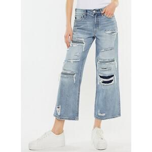 Kancan ripped high rise wide leg jeans cropped crop distressed boho
